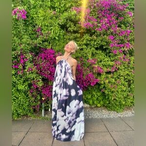 Kaufman Franco Purple Print Halter Maxi Long Medium Pockets